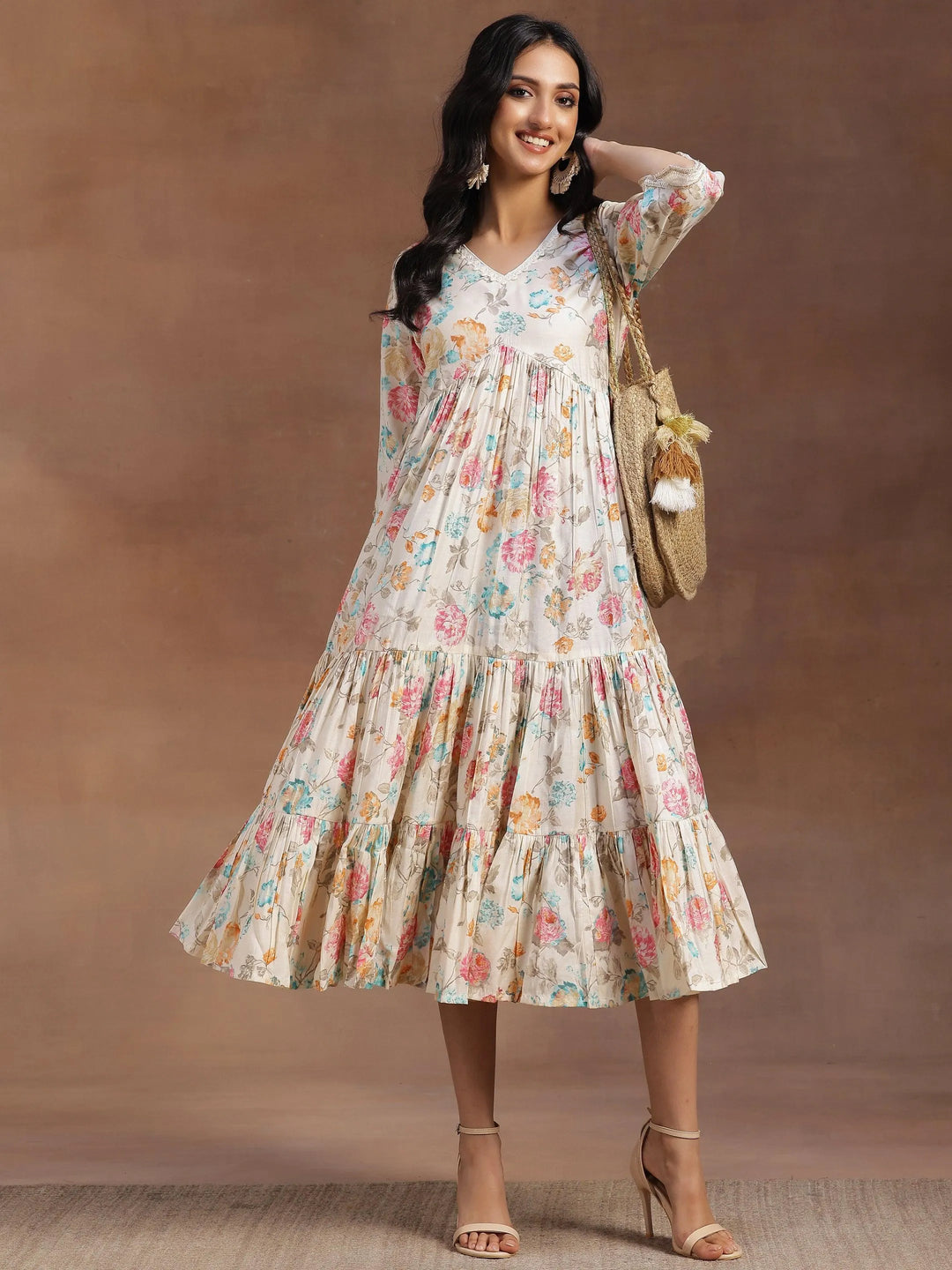 Beige Printed Silk Fit and Flare Dress - Libas 