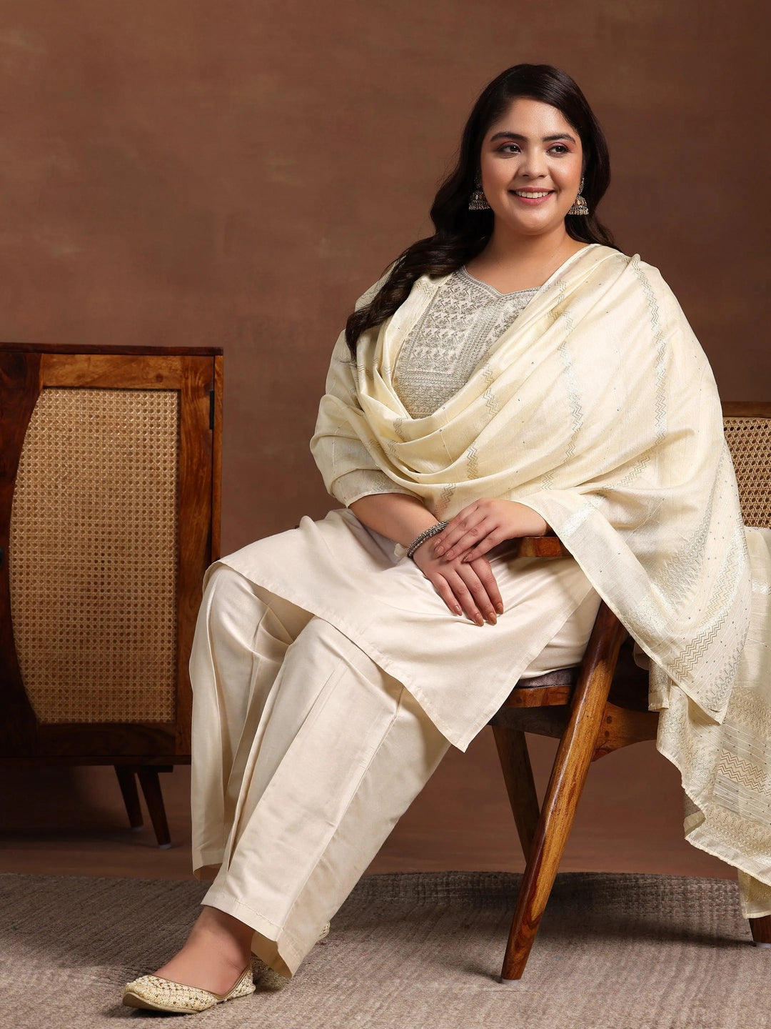 Plus Size Off White Yoke Design Silk Blend Straight Suit With Dupatta - Libas 