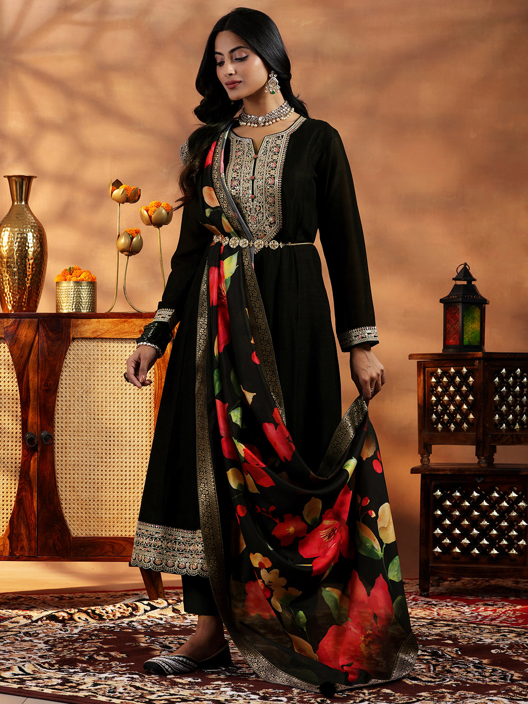 libas Black Yoke Design Silk Blend A-Line Kurta With Trousers & Dupatta-picture-60