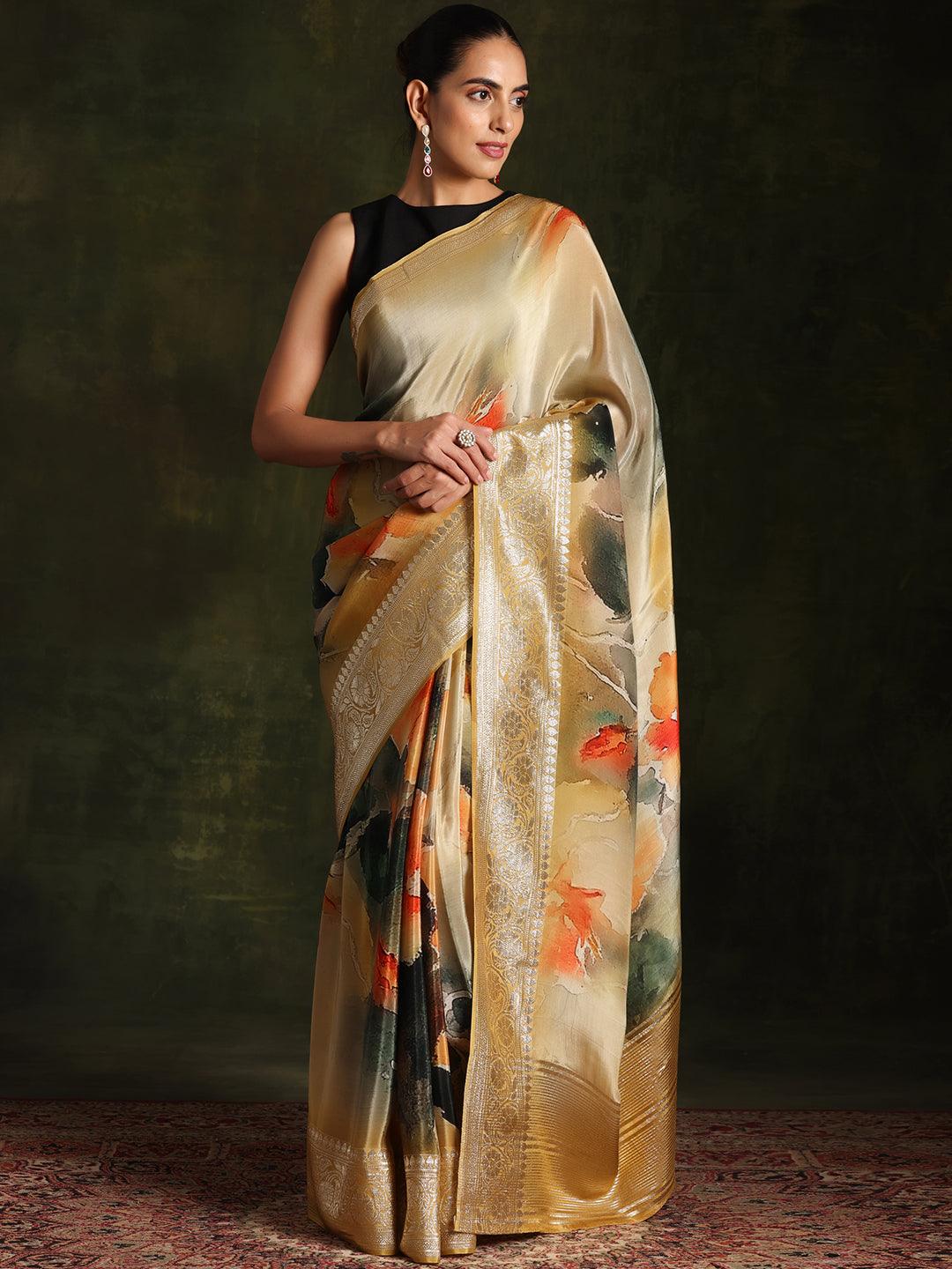 Yellow Printed Organza Saree With Unstitched Blouse Piece