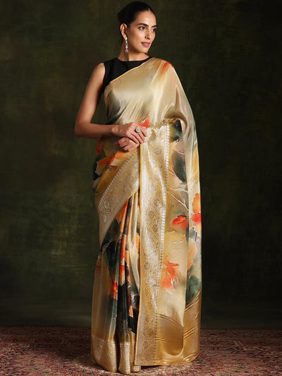 Yellow Printed Organza Saree With Unstitched Blouse Piece - Libas