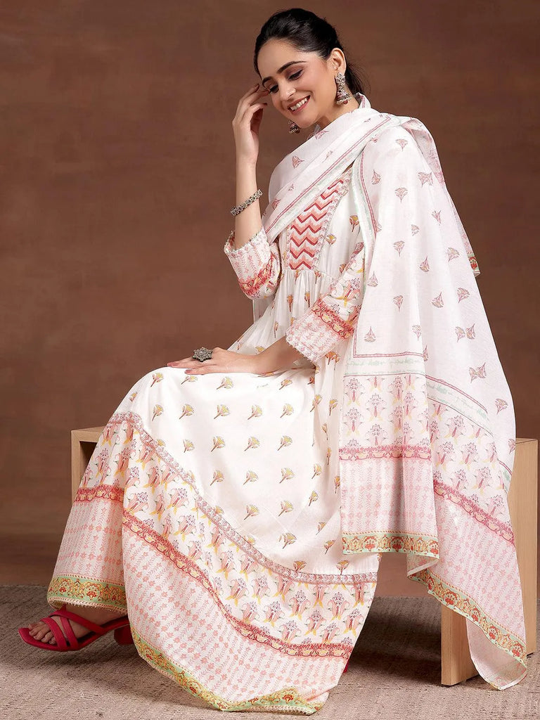 Libas Off White Printed Cotton Anarkali Suit With Dupatta
