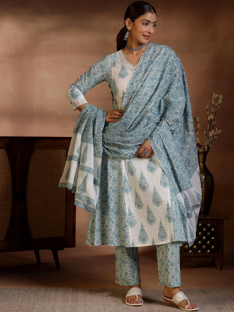 Libas Off White Printed Cotton A-Line Kurta With Trousers & Dupatta