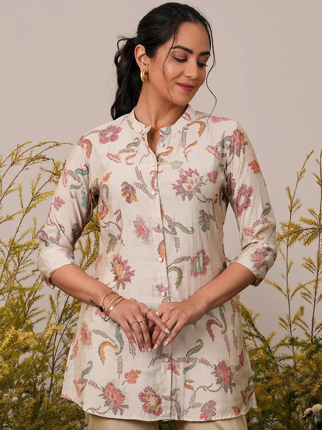 Beige Printed Silk Blend A-Line Kurti - Libas