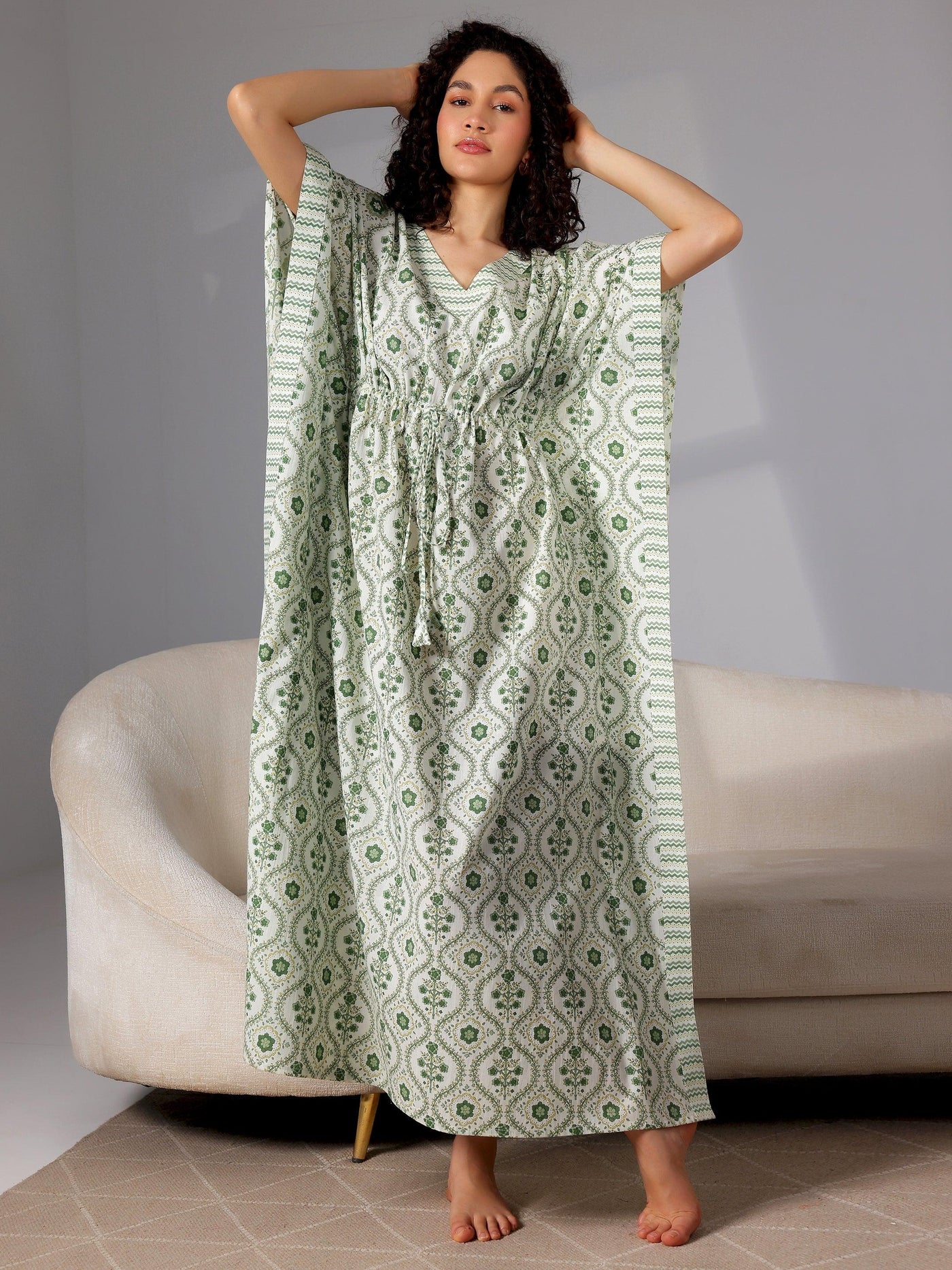 Green Printed Cotton Kaftan Night Dress - Libas