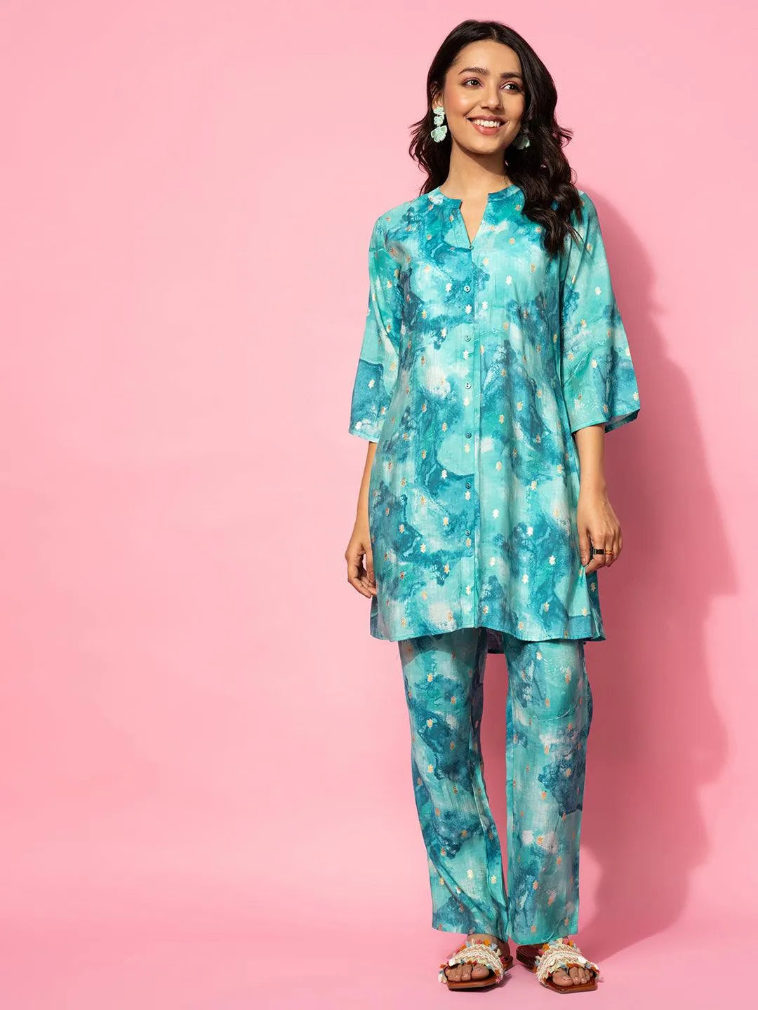 Blue Printed Silk Blend Co-Ords - Libas 