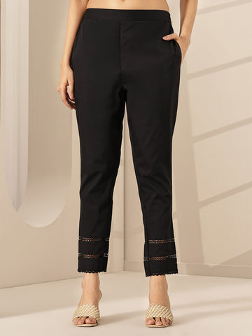 Libas Black Solid Cotton Trousers