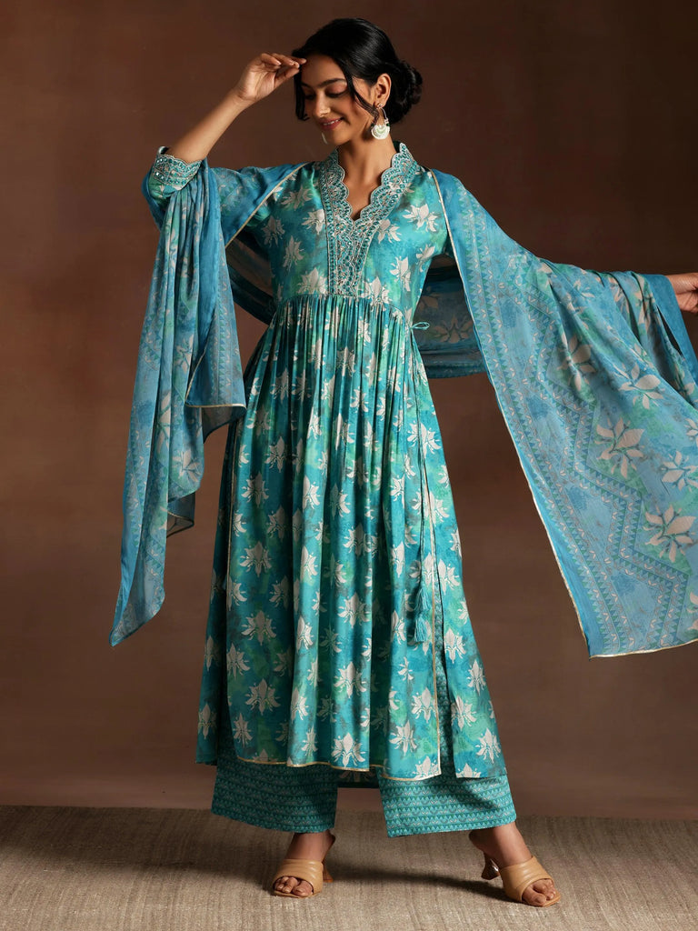 Libas Blue Printed Silk Blend A-Line Kurta With Palazzos & Dupatta