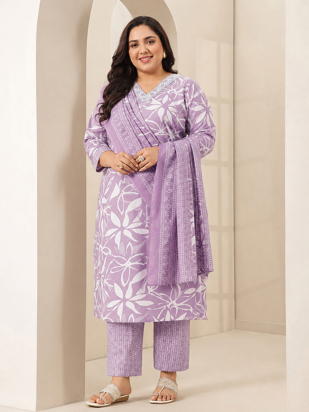  Plus Size Mauve Floral Printed Cotton Blend Straight Suit Set 
