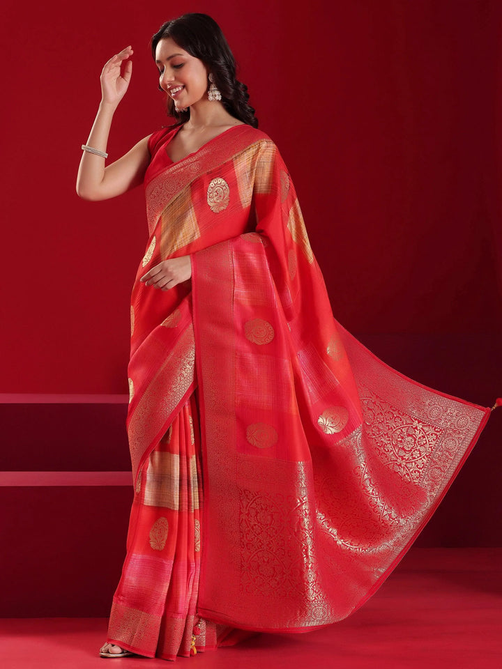 Libas Art Red Woven Design Satin Saree With Unstitched Blouse Piece - Libas