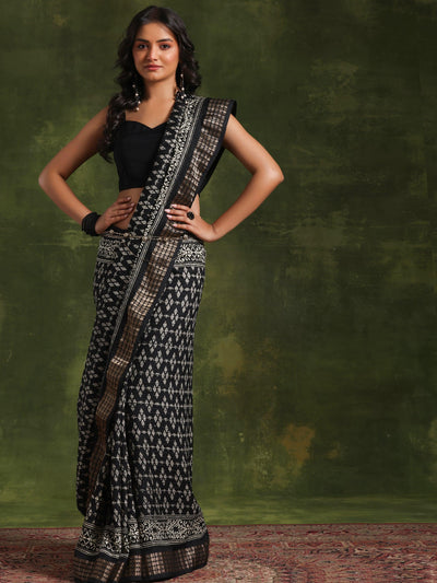 Black Printed Silk Blend Saree With Unstitched Blouse Piece - Libas