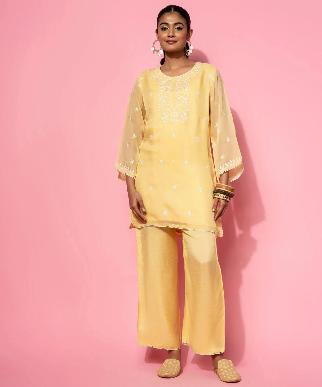  Yellow Embroidered Silk Blend Co-Ords 