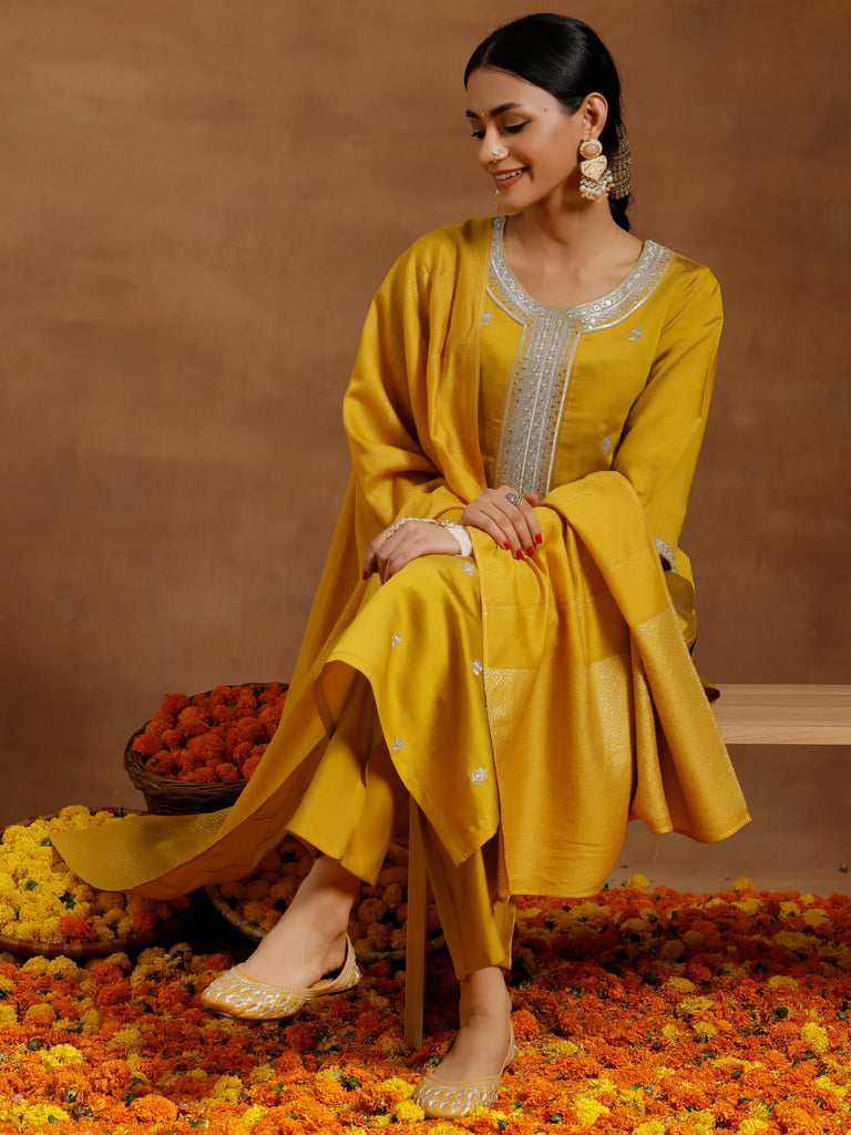Gerua Mustard Embroidered Silk Blend Straight Suit With Dupatta