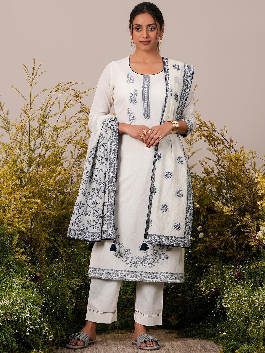  Off White Woven Design Cotton Straight Suit With Dupatta 