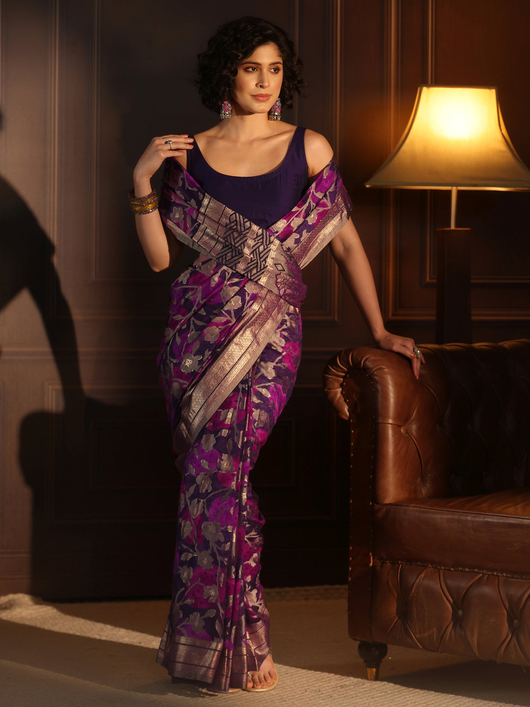 Libas Purple Floral Woven Design Silk Blend Saree