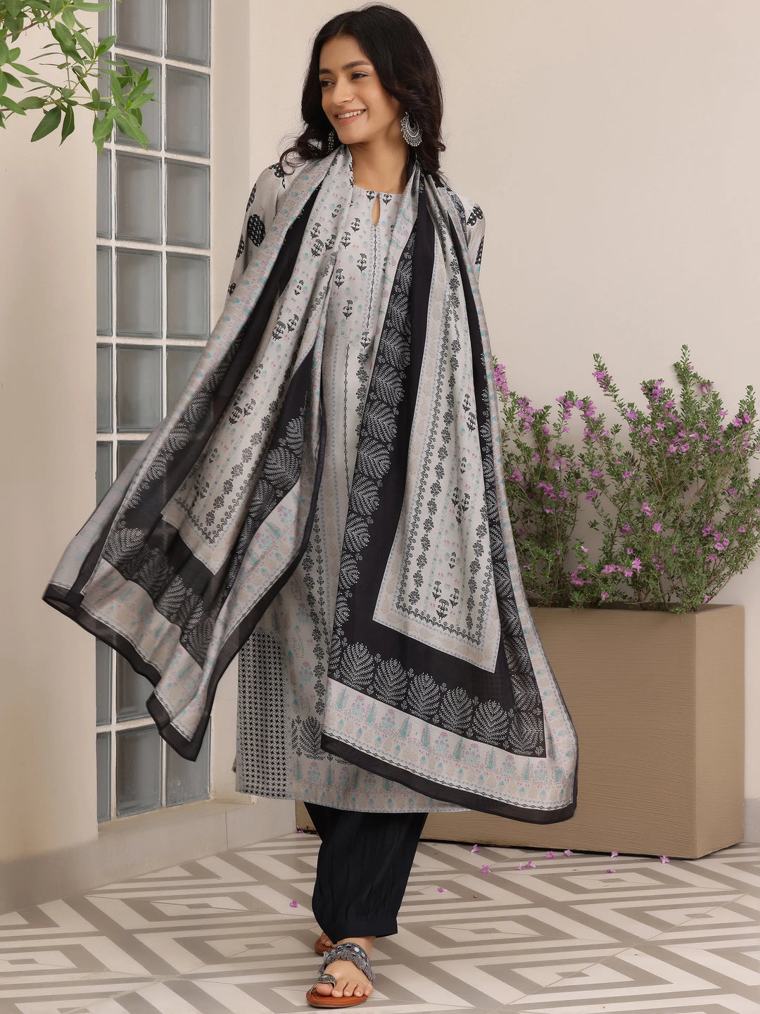  Grey Printed Silk Blend Straight Suit With Dupatta 