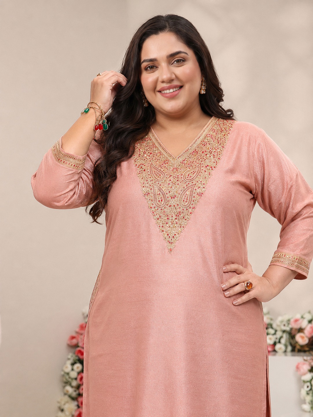  Plus Size Peach Floral Embroidered Silk Blend Straight Suit Set 