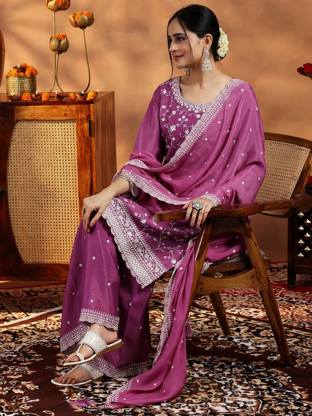 Mauve Embroidered Silk Blend Straight Suit With Dupatta-image-26