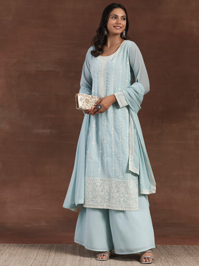 Blue Embroidered Georgette Straight Suit With Dupatta - Libas