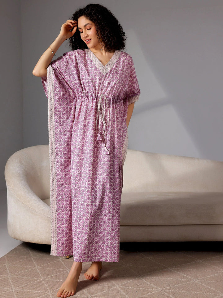 Purple Printed Cotton Kaftan Night Dress - Libas