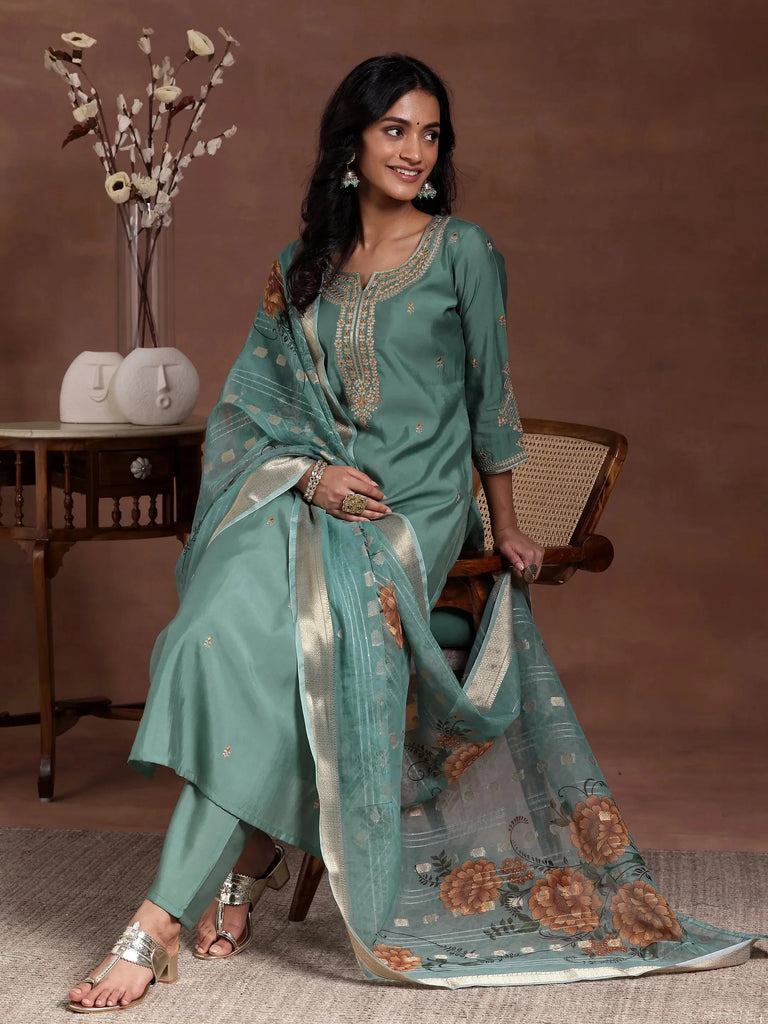 Libas Green Embroidered Silk Blend Straight Suit With Dupatta