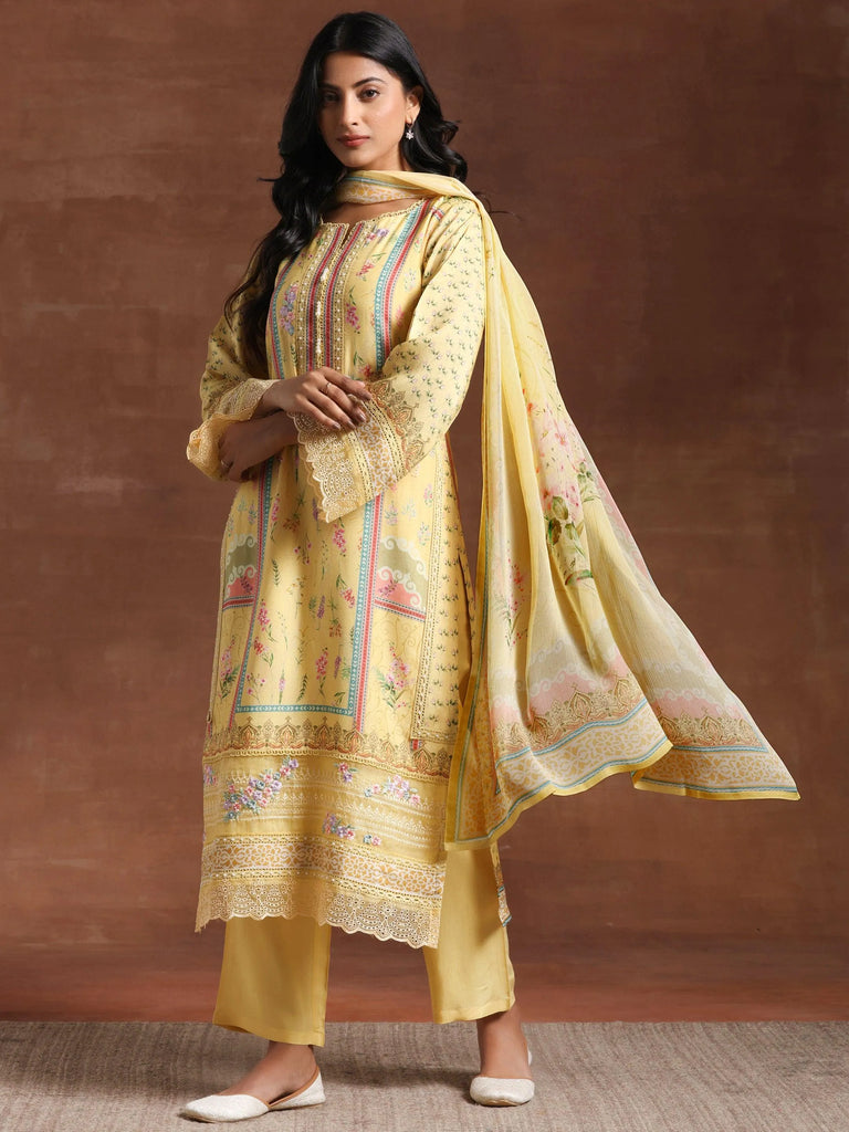 Libas Yellow Printed Silk Blend Straight Suit With Dupatta