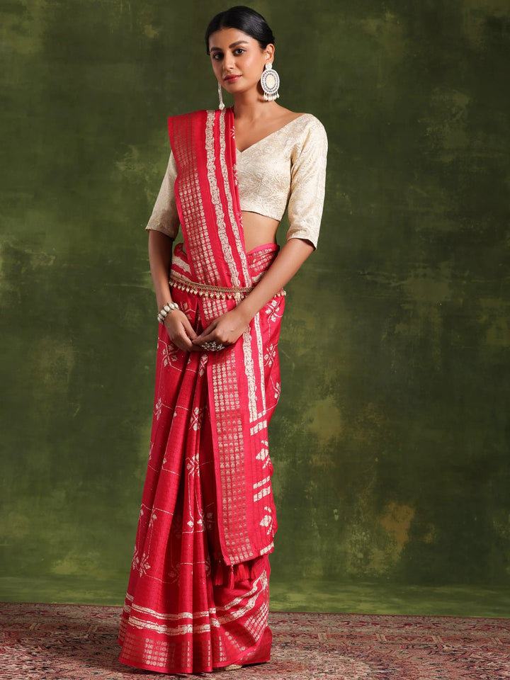 Pink Printed Silk Blend Saree With Unstitched Blouse Piece - Libas