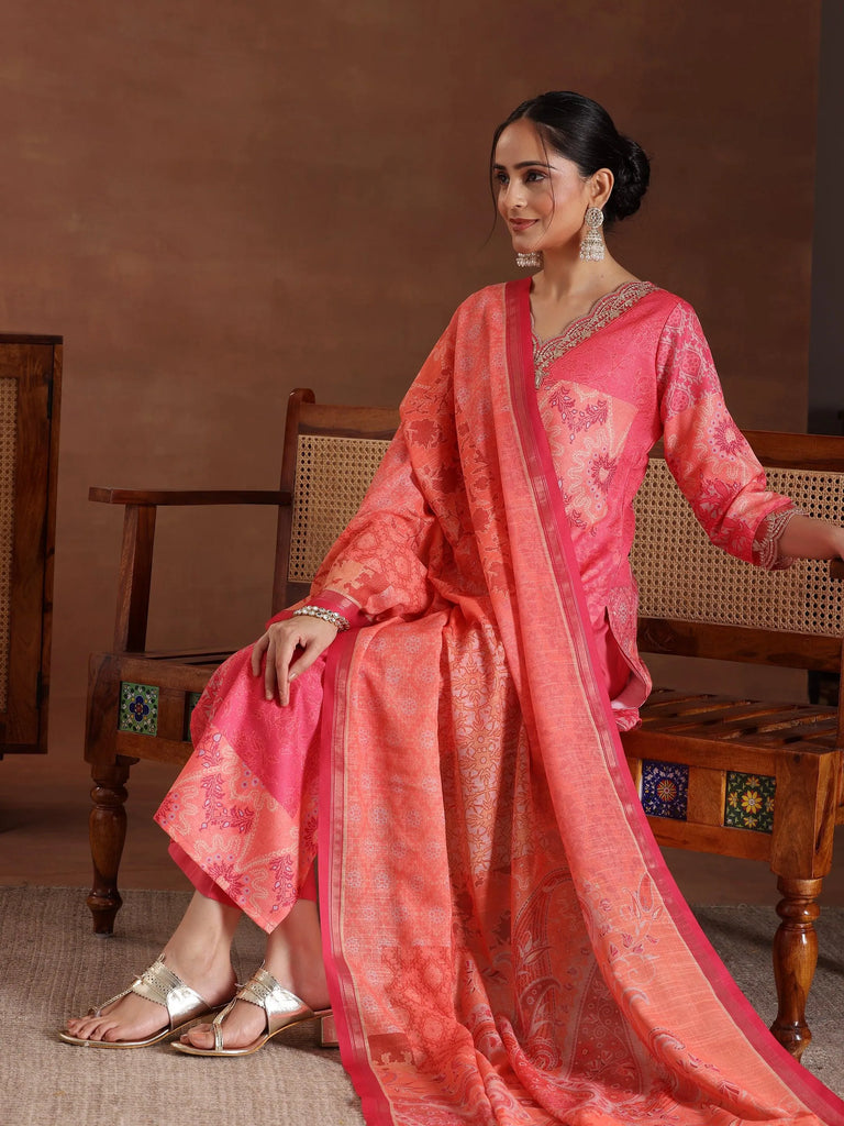 Libas Pink Printed Cotton Blend Straight Suit With Dupatta