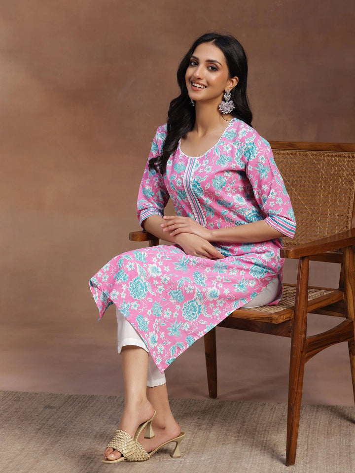 Pink Printed Cotton Straight Kurta - Libas