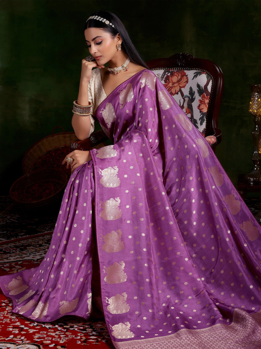  Mauve Woven Design Silk Blend Saree With Unstitched Blouse Piece 