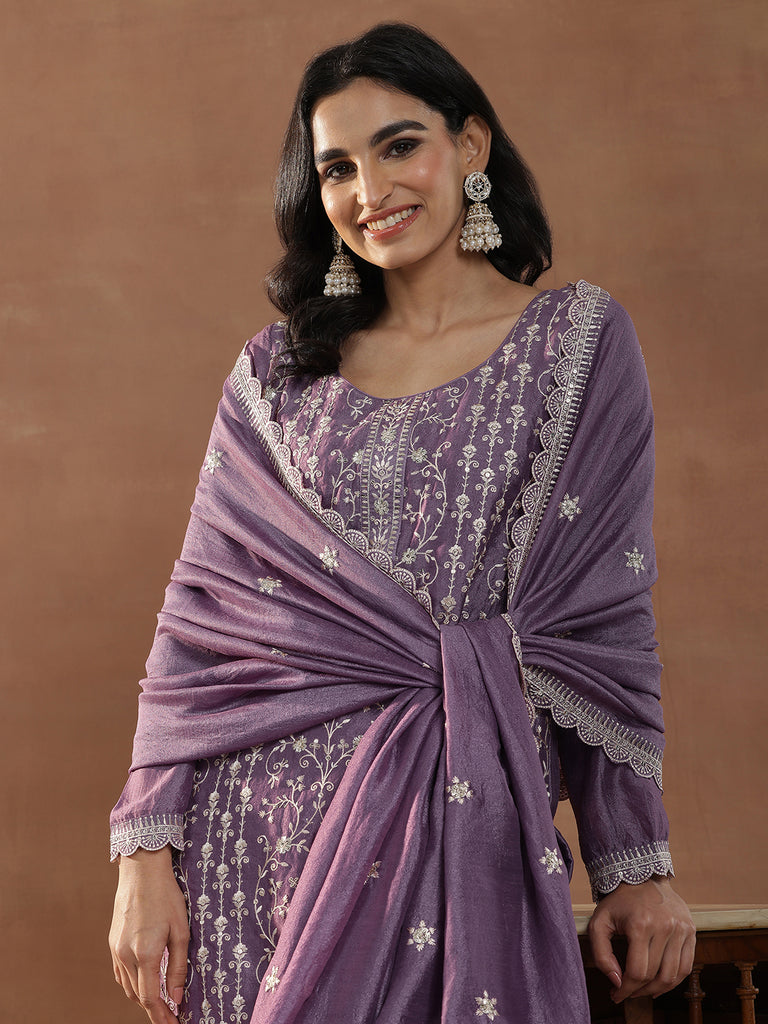 Libas Purple Embroidered Silk Blend Straight Suits With Dupatta