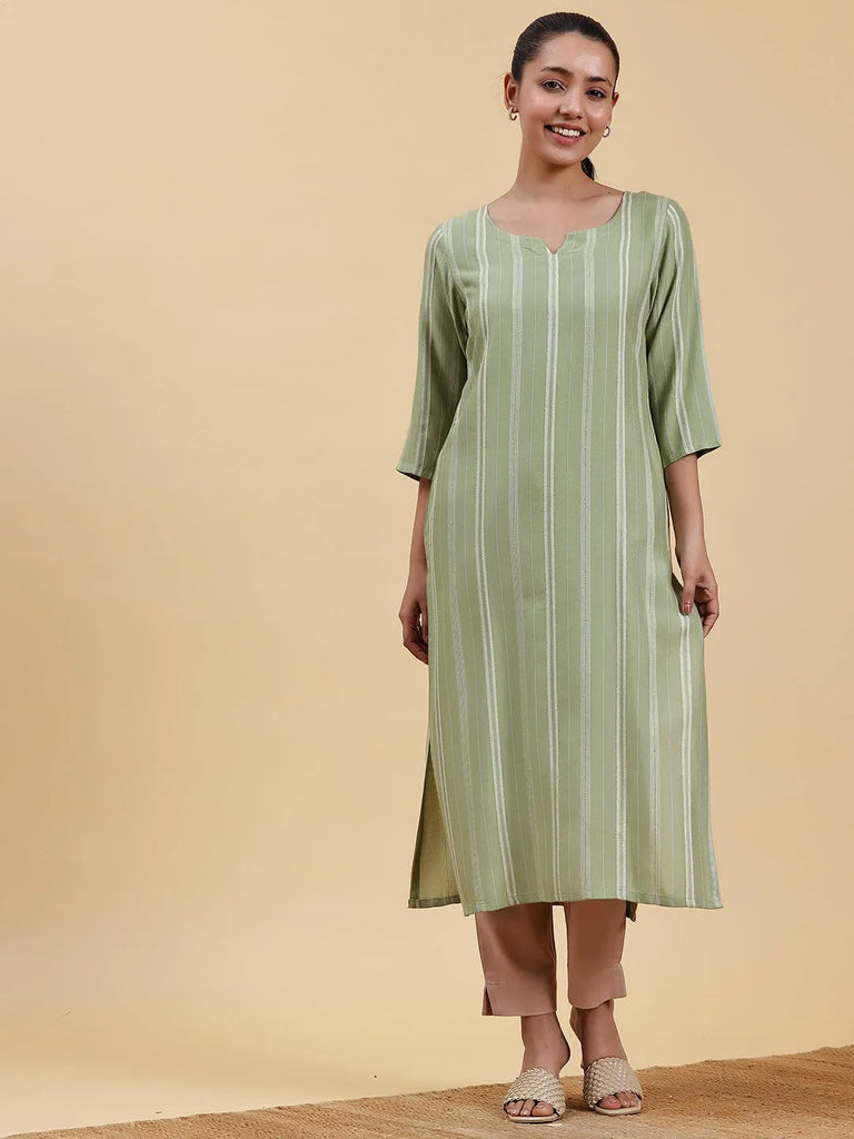 Gerua Green Woven Design Rayon Straight Kurta