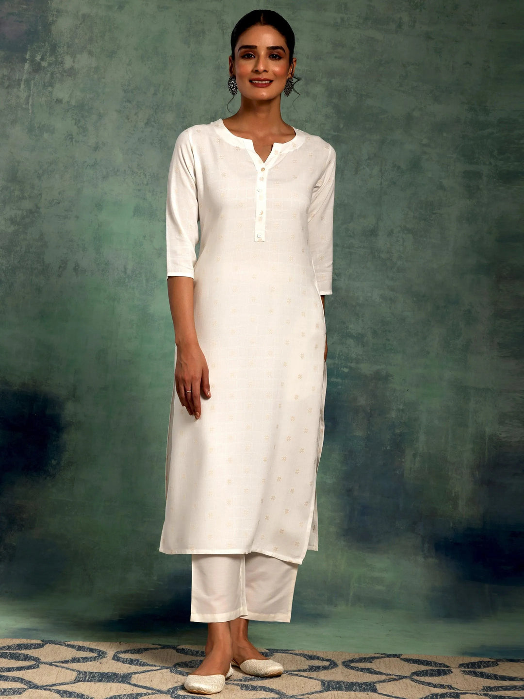 Cream Woven Design Rayon Straight Kurta - Libas