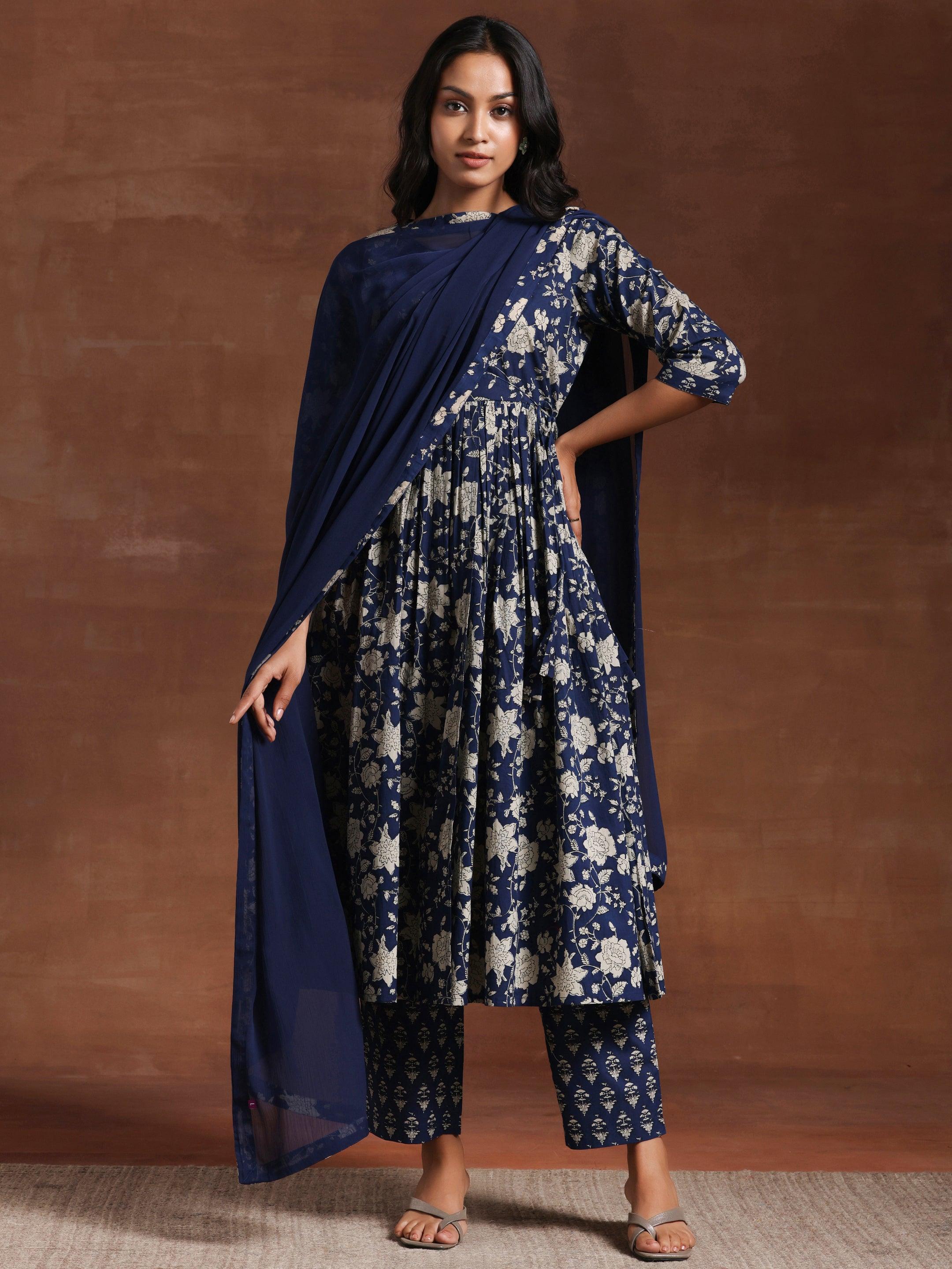 Blue Printed Pure Cotton Anarkali Suit With Dupatta