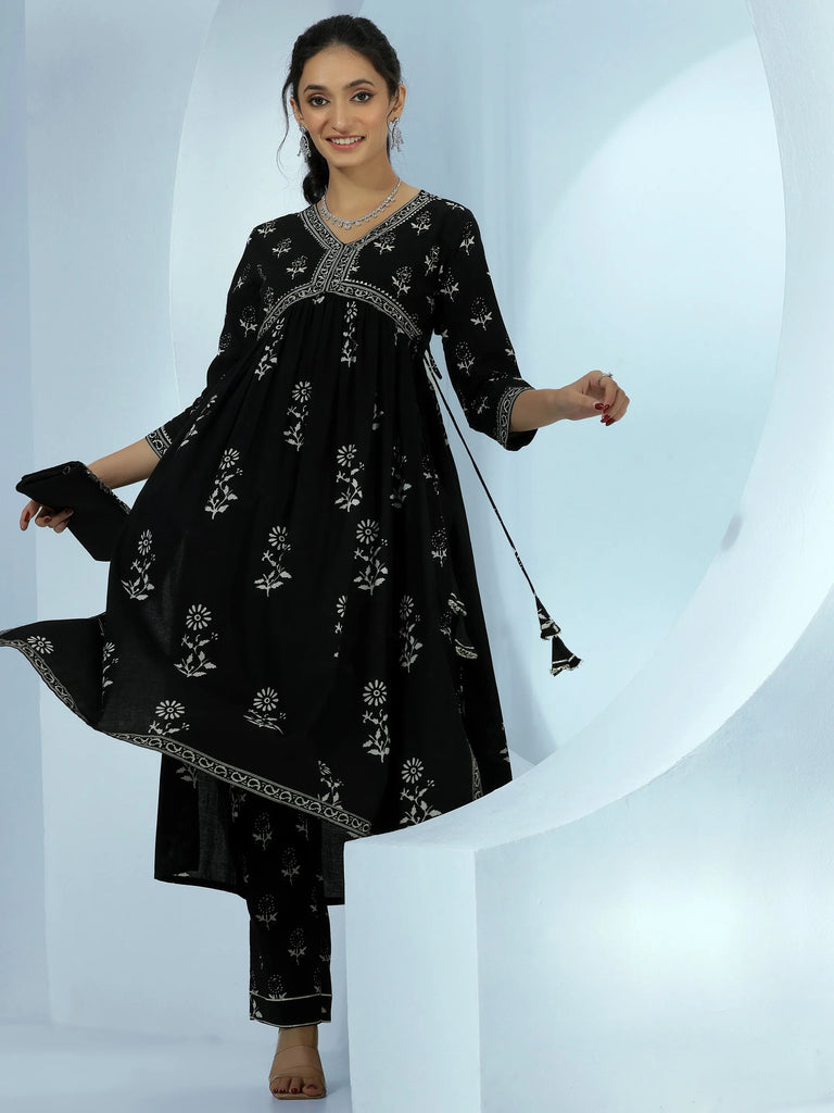Libas Black Printed Cotton A-Line Kurta With Palazzos