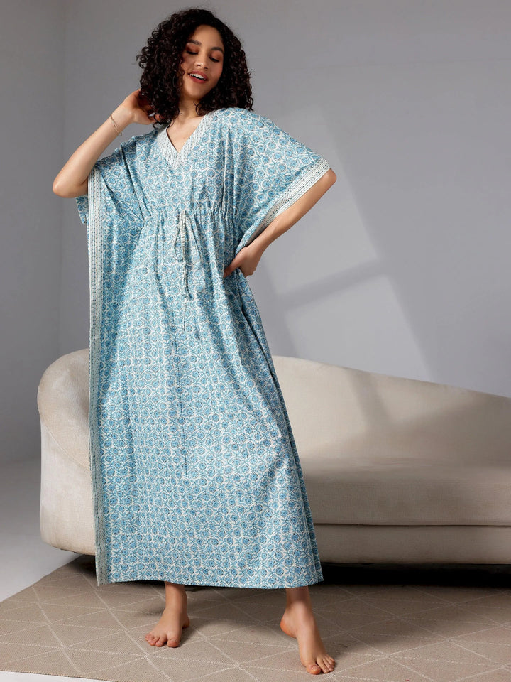 Blue Printed Cotton Kaftan Night Dress - Libas