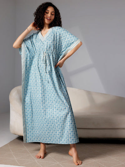 Blue Printed Cotton Kaftan Night Dress - Libas