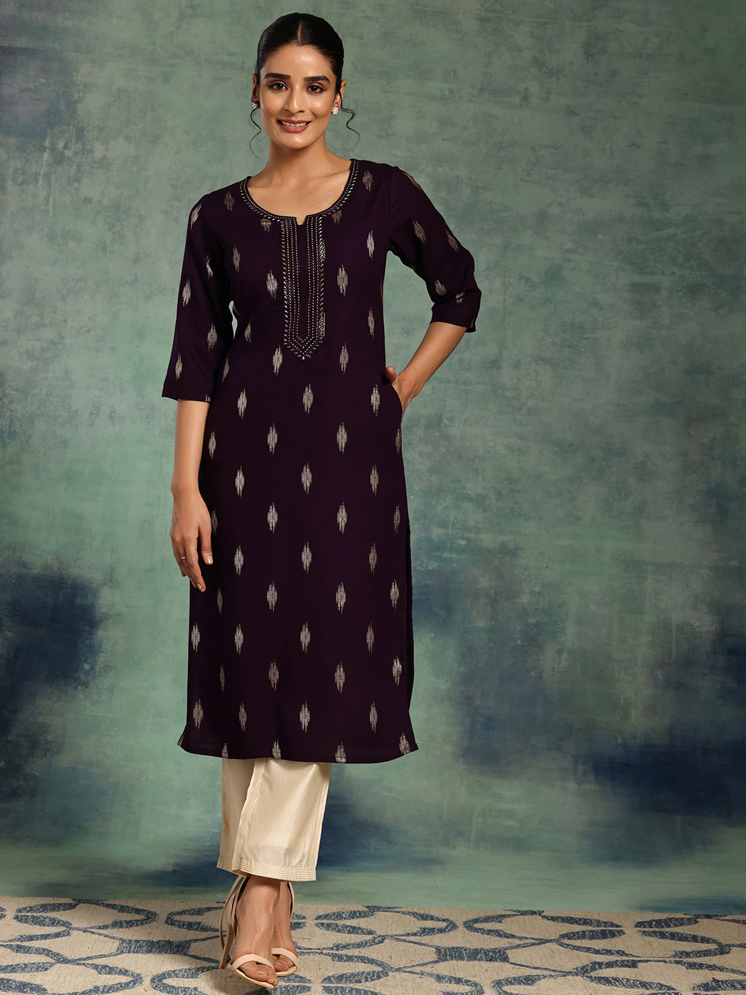  Purple Woven Design Rayon Straight Kurta 