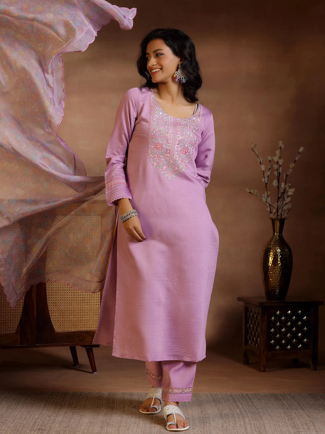  Lavender Yoke Design Silk Blend Straight Suits With Dupatta 