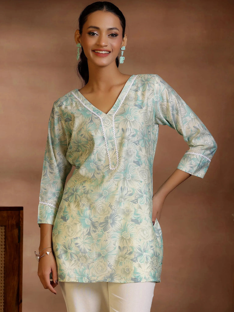 Libas Green Printed Silk Blend Straight Kurti