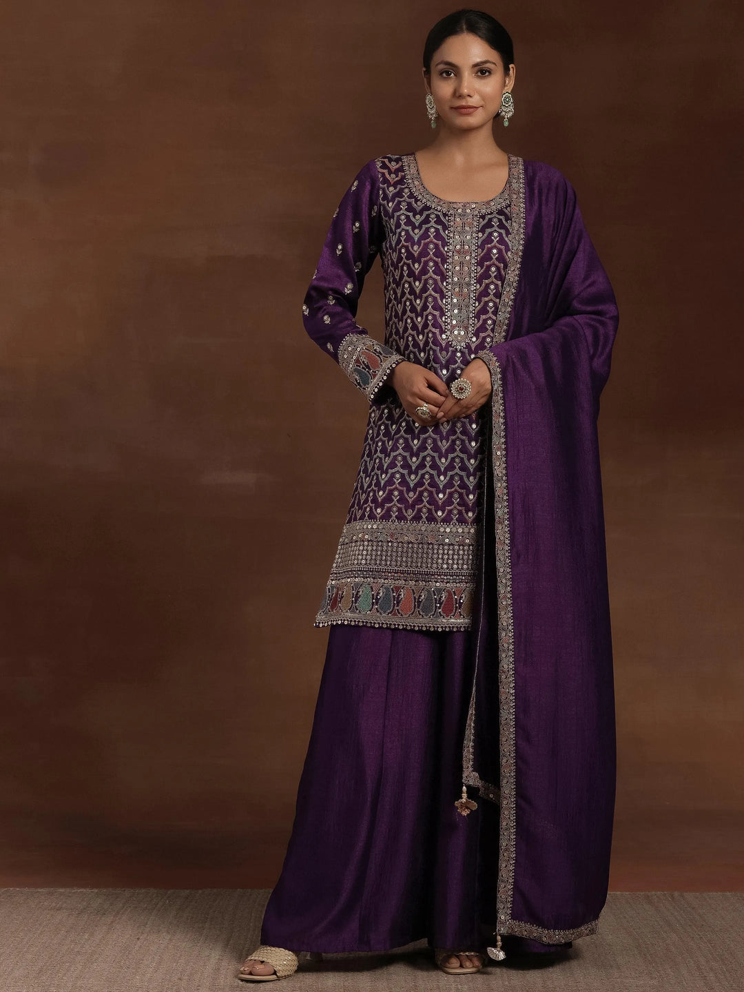 Purple Embroidered Silk Blend Straight Kurta With Palazzos & Dupatta - Libas 