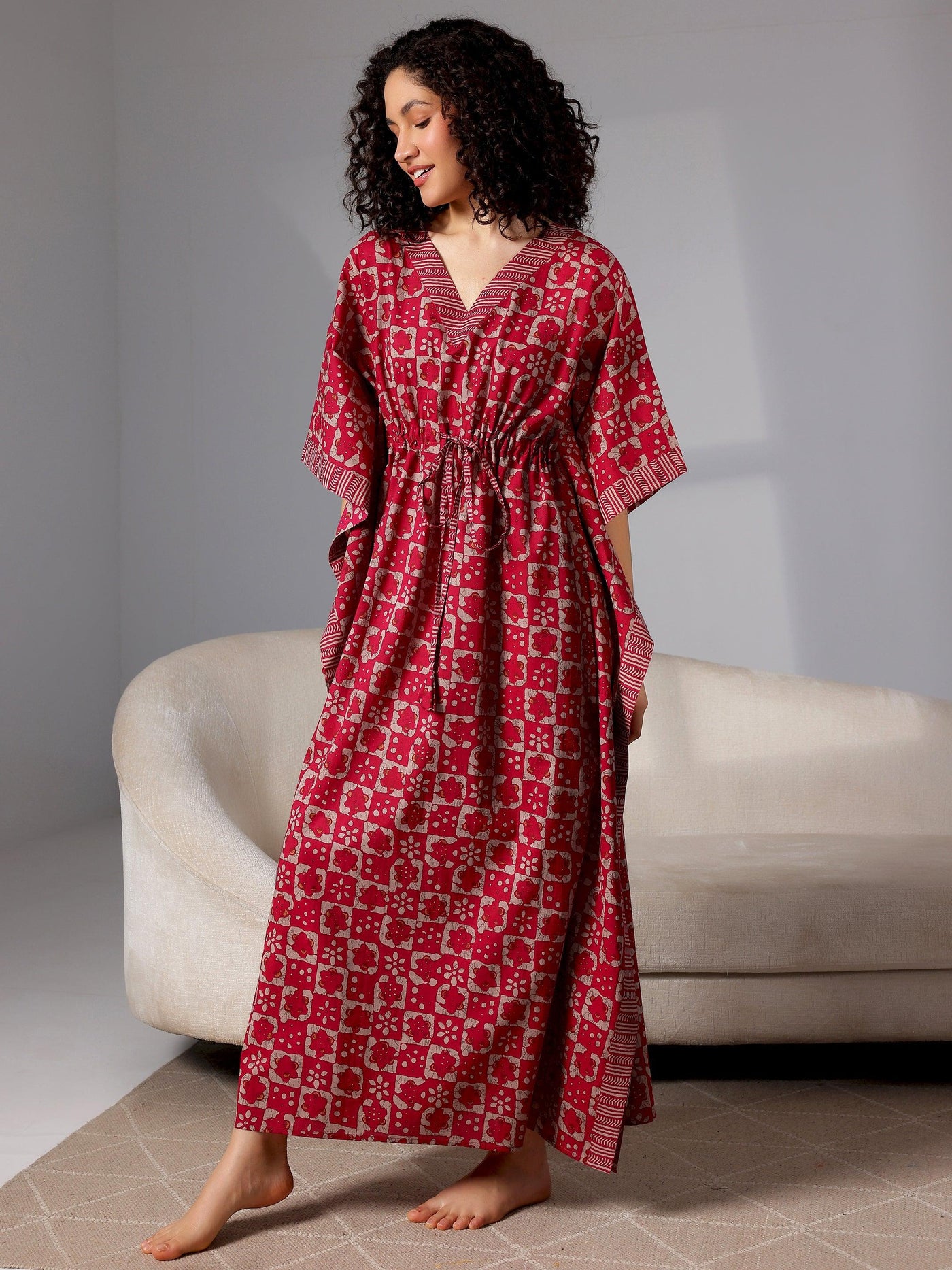 Magenta Printed Cotton Kaftan Night Dress - Libas