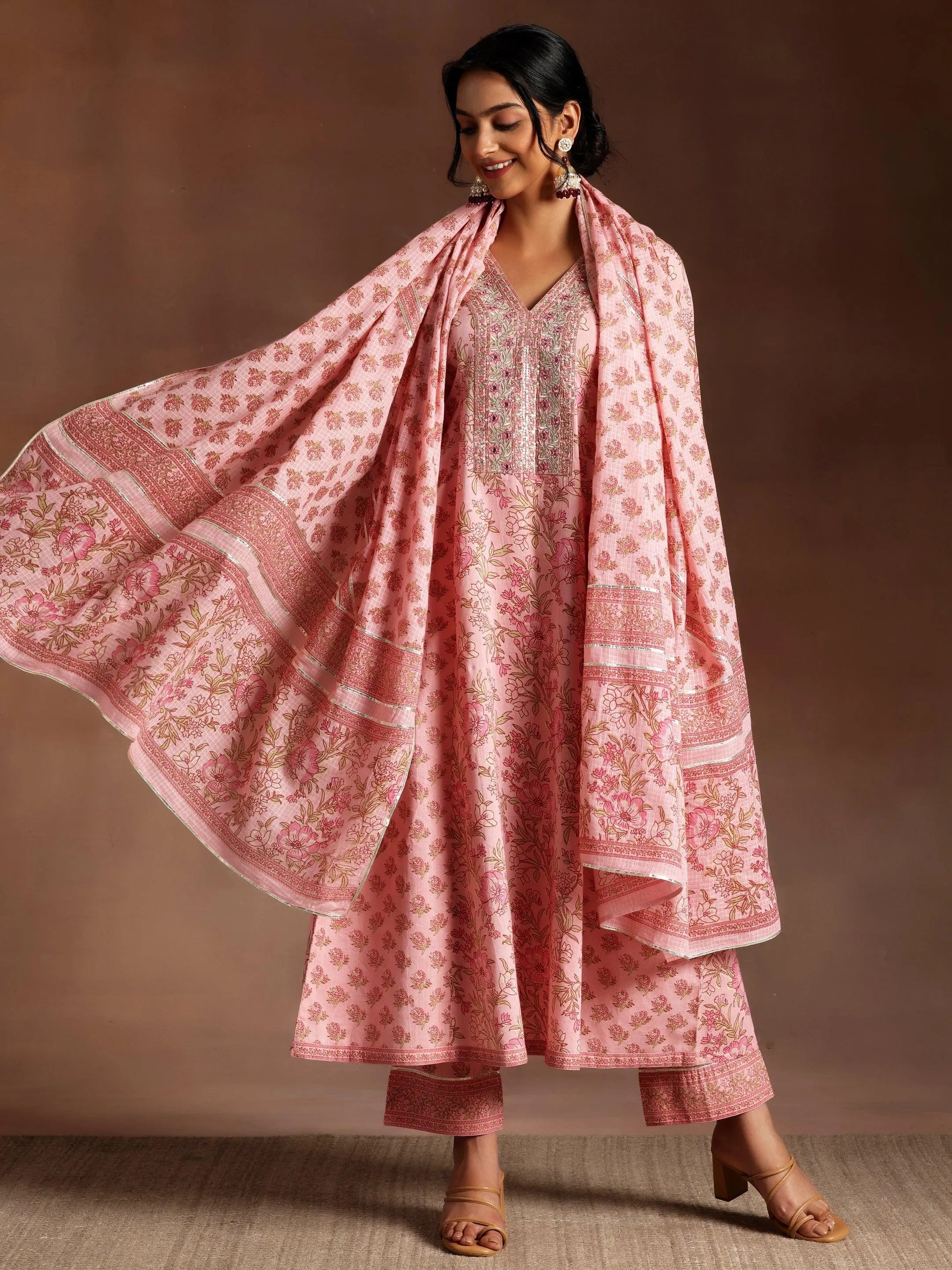 libas Mariyam Pink Printed Cotton A-Line Kurta With Palazzos & Dupatta-picture-15