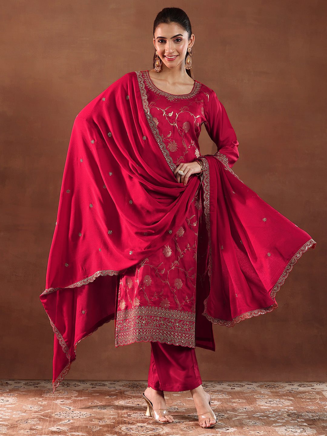 libas Red Woven Design Silk Blend Straight Suit With Dupatta-picture-51