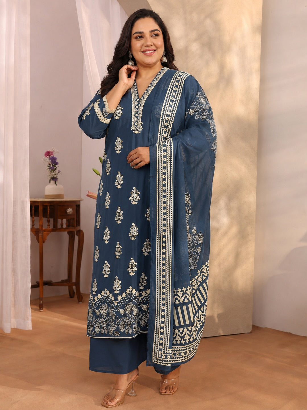  Plus Size Blue Floral Printed Cotton Blend Straight Suit Set 