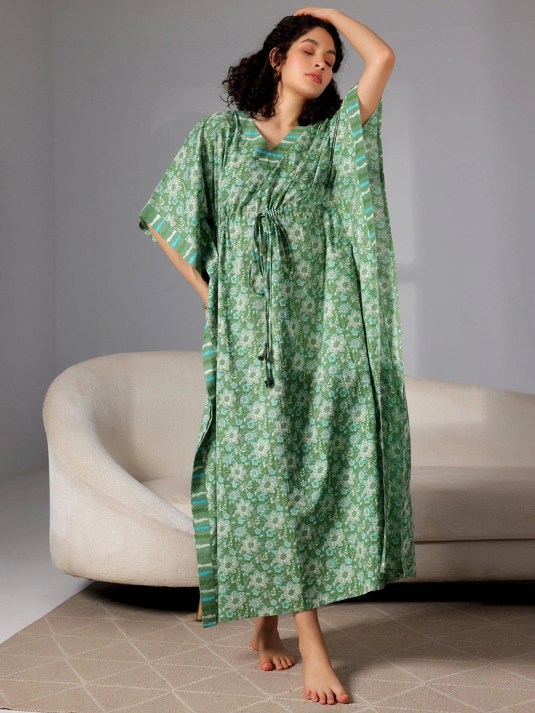 Green Printed Cotton Kaftan Night Dress - Libas 