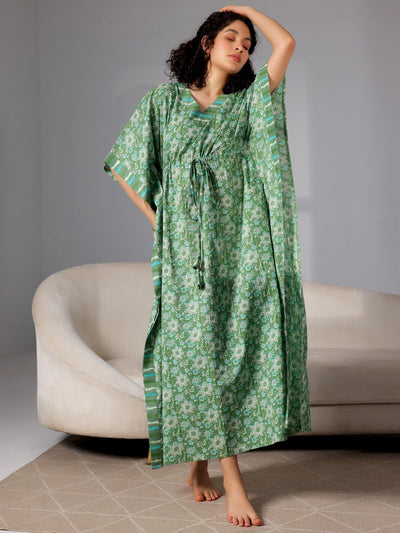 Green Printed Cotton Kaftan Night Dress - Libas