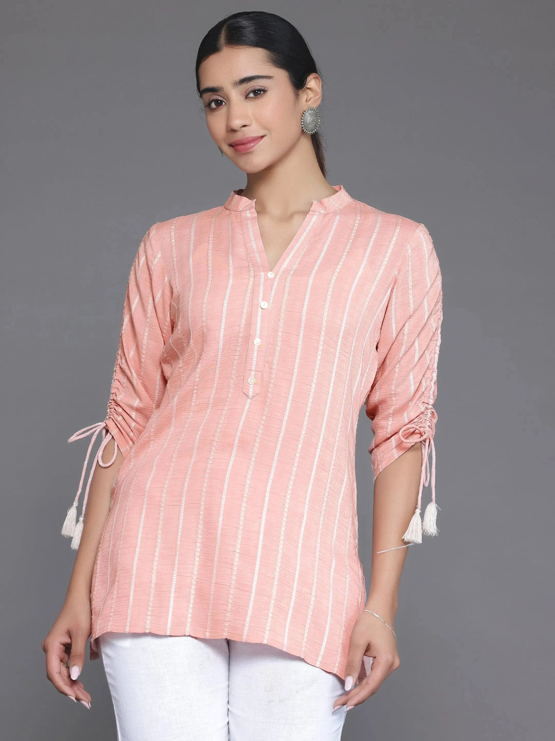  Peach Woven Design Cotton Blend Straight Kurti 