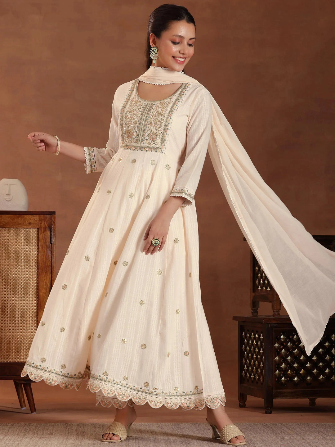 Peach Embroidered Pure Cotton A-line Kurta With Trouers & Dupatta