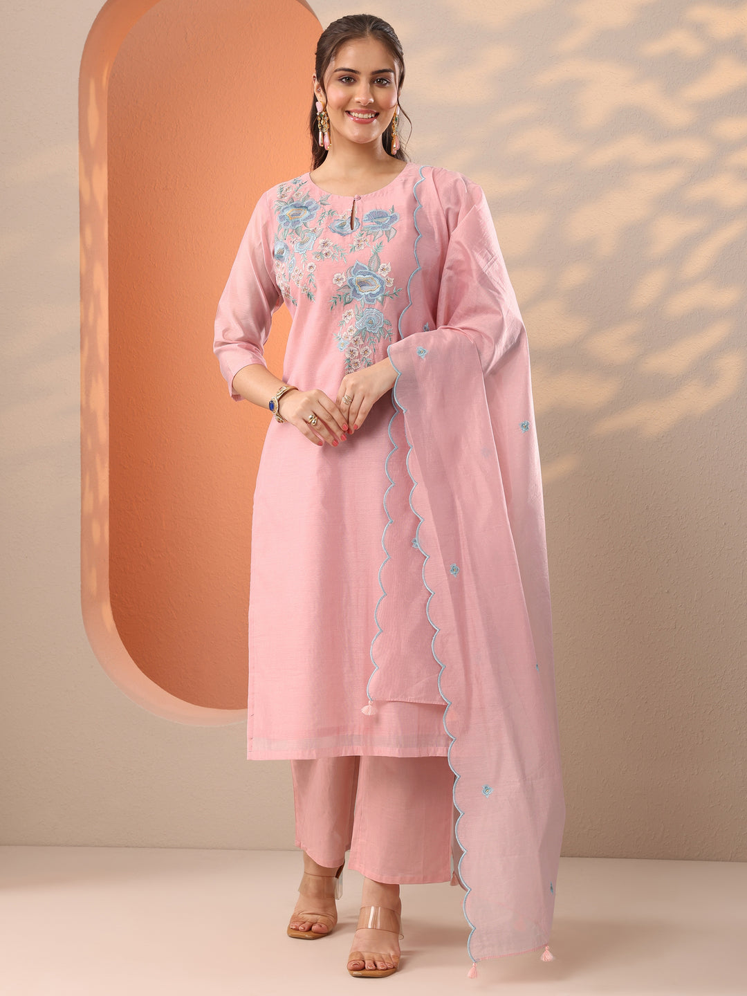  Pink Embroidered Silk Blend Straight Suit Set With Dupatta 